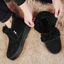 秋冬季黑色中帮保暖休闲户外雪地靴，带毛绒内衬、拉链、防滑、多功能 - 黑色 - 查看 4