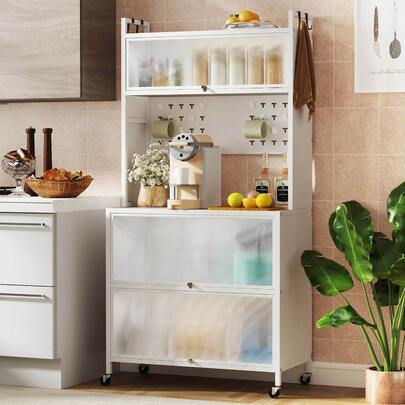 5 Tier Kitchen Bakers Rack With Flip Door Cabinets Pegboard & Hooks