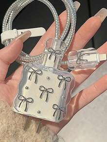 5 件/套钢珠蝴蝶结设计数据线保护器兼容 20W 苹果充电器充电器保护器 - 銀色 - 查看 2