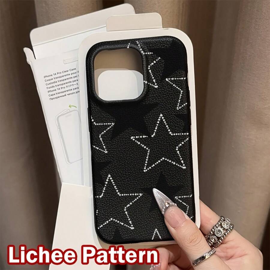 Black Star Phone Case For IPhone 16/16 Pro/16 PLUS/16 Pro Max/15/14/13/12/11, Made Of Faux Leather, Textured Surface, Shock Absorption, Scratch Resistant, Creative, Fashionable, Lightweight, High Quality, Anti-Slip, Anti-Fingerprint Protective Soft Case - 1 cái - Xem 1