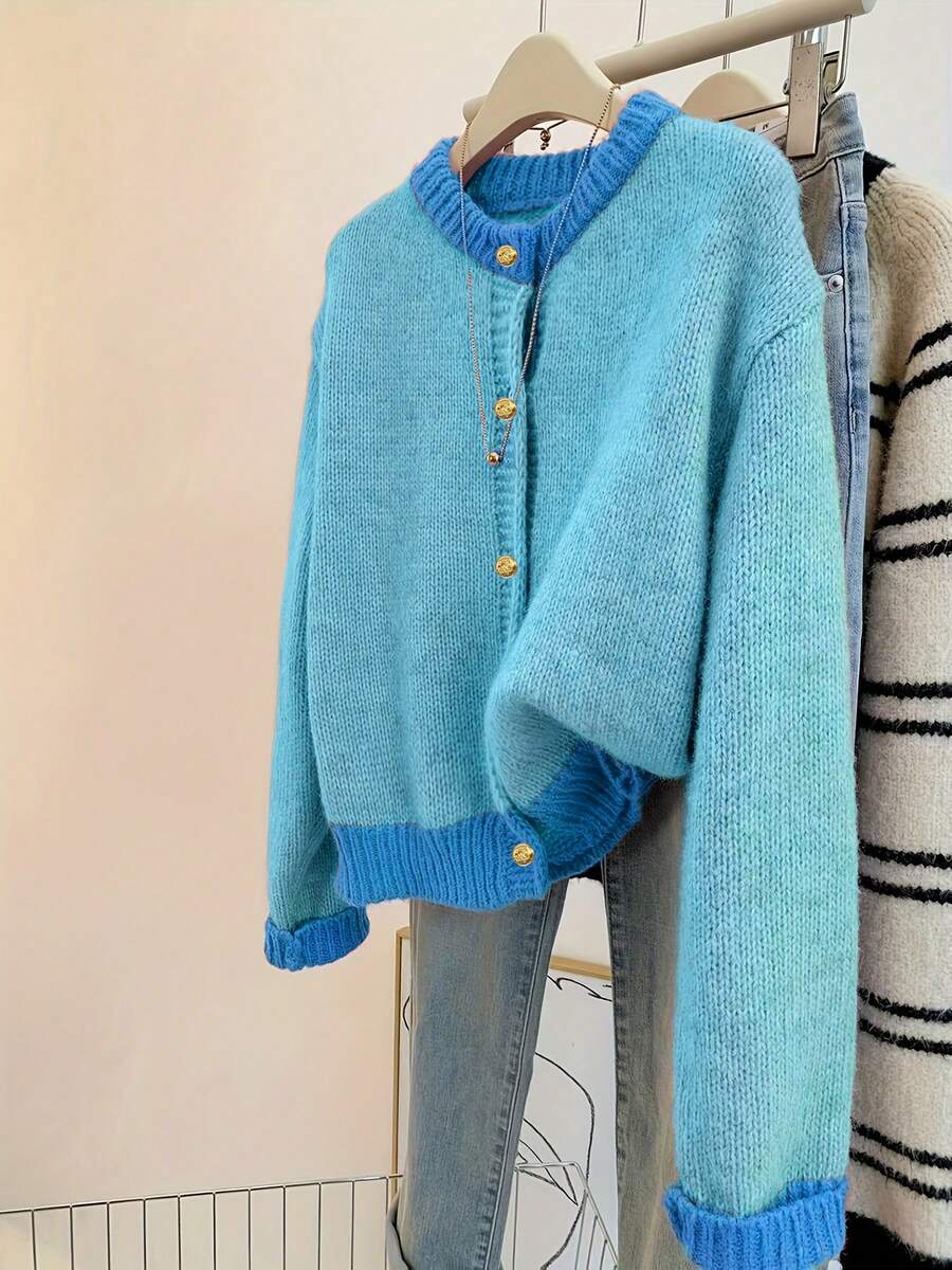 ii Áo len cardigan dệt kim tay dài cổ tròn trễ vai màu tương phản thường ngày dành cho nữ, mùa thu/đông