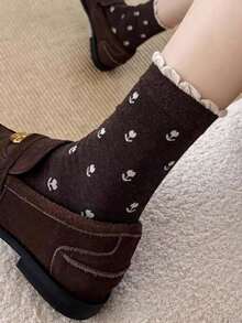 3 Pairs Random Floral Lace Cotton Mid-Calf Socks For Women, Retro Maillard Cuff Crew Socks, Spring & Autumn - Multicolor - View 7