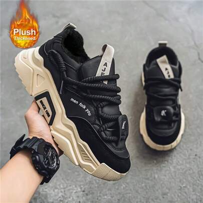 2025 Autumn And Winter New Men's Lightweight Thick-Soled Sneakers, Fleece-Lined For Warmth, Versatile Low-Top Running And Casual Shoes