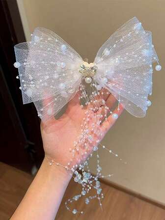 1 pieza Clip de pelo con gran lazo de tul de doble capa para niños, accesorio de pelo nupcial con borla larga de perlas y diamantes, versátil para uso diario, fiesta y boda