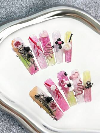 45MM Extra Long Nails Square Handmade Press-On Nails With Rhinestones, Floral, Snake, Spider, Skull & Heart Charms, Hand-Painted Ombre Effects, Halloween-Inspired 3D Pattern Combinations & Color-Blocking Designs - Full Cover DIY Glitter Artificial Nails For Dating, Parties, Gatherings, Outings, Work & Special Events - 10 Pieces/Bag