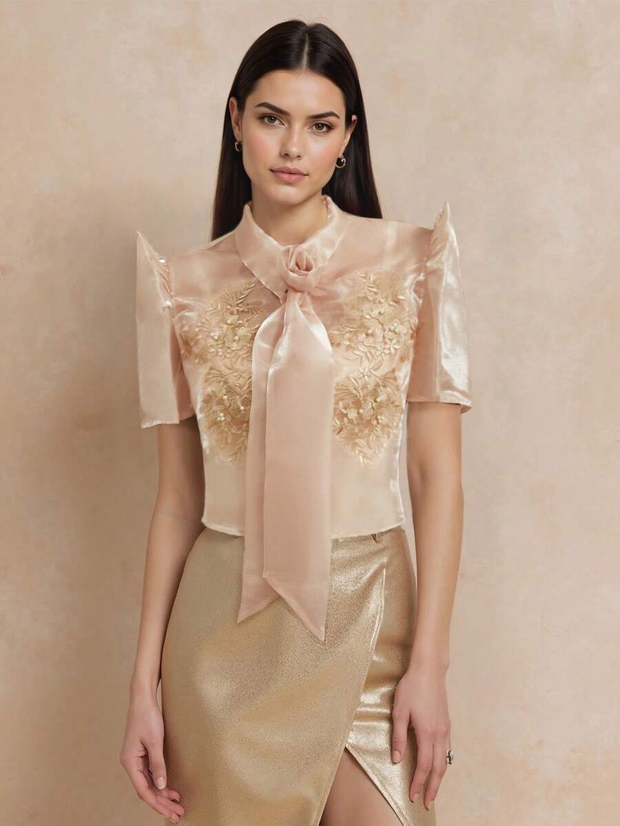 Amyenjoylife Women's Elegant Embroidered Petal Sleeve Blouse, Modern Filipino Style For Summer - Champagne - View 1
