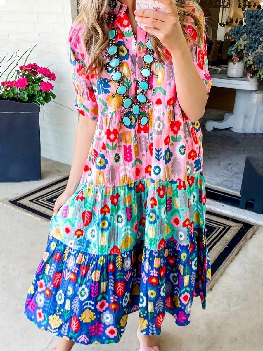1pcs Women's Casual Multicolor Patchwork Floral Print Shirt Dress - Loose Fit A-Line Long Dress With Lapel Collar & Short Bell Sleeves, Button Front, Lightweight Breathable Fabric For Spring Summer Autum, Cute Dresses, Relaxed Fit Clothing, Casual Attire, Fitted Silhouette - Mixed Color - View 1