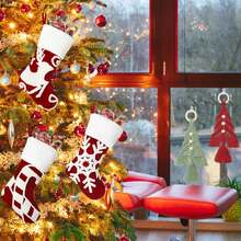 Set di 3 calze di Natale (44 cm) con sacchetto regalo appeso, stivali di Natale ricamati in 3D, decorazione per camino per l'albero di Natale - Rosso e Bianco - Visualizzare 6