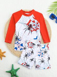 Young Boy Spider Print Long Sleeve Shorts & Swimsuit Set - Multicolor - View 2