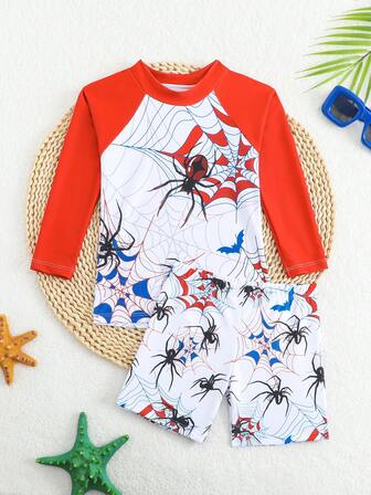 男童蜘蛛印花长袖短裤和泳衣套装