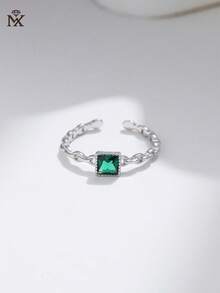 SYMFNY 925 Sterling Silver Green Square Cubic Zirconia Chain Link Adjustable Open Ring, Fashionable & Elegant Jewelry Gift For Women