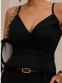 Women's Tailored Strappy Blouse V-Neckline Comes With Elegant Belt For Adult Women Chic - 黑色 - 查看 2