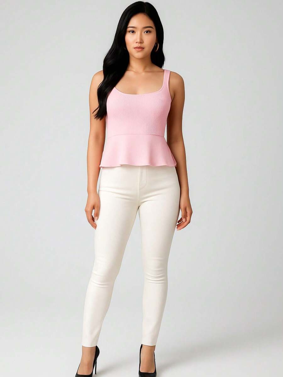 Blusa Babado Elegante Modal Premium Zero Transparência Decote Quadrado Regata Elegante Básica