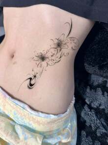 1张防水、防汗、可水洗的临时纹身贴纸，PVC材质，个性化高端设计，时尚情侣纹身贴纸，百合花图案，腹部时尚图案，适合日常使用，可持续3-5天 - 黑色 - 查看 4