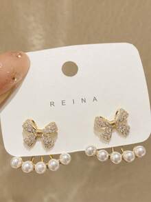 2pcs Classic Bow Zirconia Earrings, Elegant Earrings Suitable For Girls, Wedding Party Accessories, Gift For Girlfriend, Friend, Daughter - Multicolor - View 2