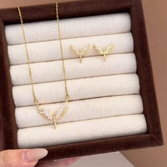 2件套天使翅膀水钻项链耳环首饰套装，简约优雅风格，女士适用