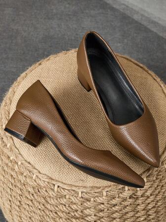 女士时尚舒适石纹尖头套脚鞋，复古棕色，适合通勤、商务、户外、旅行、度假、休闲等场合，黑色