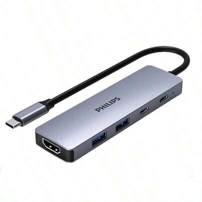 PHILIPS SWR1607L/93 Type-C Dock, 4K 60Hz HDMI Adapter, Multi-Port Splitter, High-Speed Data Transfer, Compatible With MacBook, Huawei, And Lenovo, Space Gray