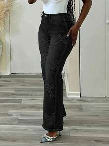 Women's Solid Color Minimal Everyday Embellished Straight Leg Jeans - Black - View 4