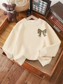 Bộ 2 quần ống loe và áo nỉ họa tiết da báo và nơ cho bé gái tuổi teen, trang phục thường ngày thoải mái và thời trang, trang phục trở lại trường - Màu be - Xem 5