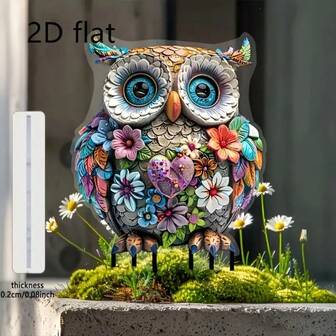 2D平面亚克力波西米亚风格猫头鹰花园摆件，耐候性强，适合户外装饰，可用于花盆和花园，趣味庭院艺术，2D平面设计