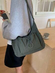 Plaid Women's Shoulder Bag, Casual Versatile Foldable Zipper Closure Adjustable Strap Handbag, Suitable For Daily Use, Students/College, Minimalist Cute Pleated Multi-Pocket Drawstring Front Pocket Tote - Multicolor - View 8