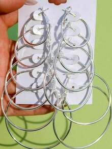 12pcs/Set Hoop Earrings Set Stainless Steel Big And Small Different Size Circle Exaggerated C-Shaped Decor Gold Hoops Silver Round Hoops Earrings Classic Jewelry Gift Set For Women & Men & Girls Daily Earrings - 銀色 - 查看 3