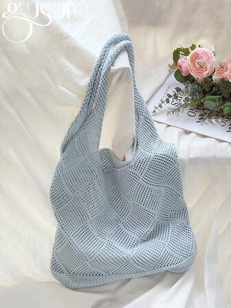 女性夏季空心編織大容量肩袋，手工針織袋，購物手提袋。女性空心針織肩袋簡約編織手提袋，輕便休閒空心花紋針織包，適合少女、女大學生，適合學校、戶外、旅行、野餐、休閒度假、海灘袋、肩袋、手提袋等用途。