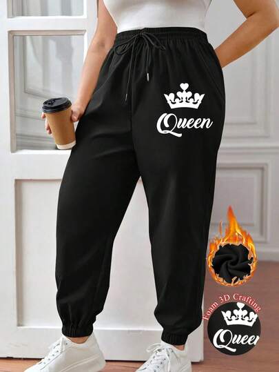 Set di felpa con cappuccio e pantaloni termici con stampa corona e lettera, adatto per donna taglia comoda, versatile per autunno e inverno, per sport, attività all'aperto e stile casual quotidiano, adatto per palestra e stile di strada.