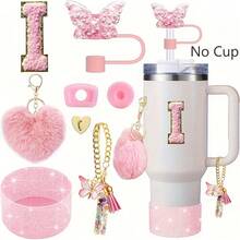 8 Stück Zubehör für 40oz & 30oz Becher, inklusive Strohhalm-Deckel, auslaufsicherer Silikonverschluss, Silikonmanschette, Buchstabenanhänger-Kette, Aufkleber, Herz-Haken, Herz-Pompon-Haarball-Anhänger, für Camping, ideales Valentinstags-Geschenk, Muttertags-Geschenk (ohne Becher)