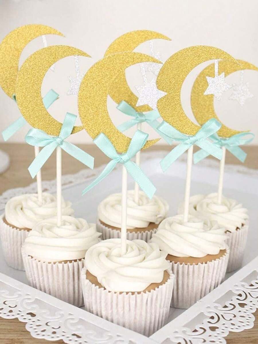 6 Stücke Mond Stern funkelnde Papier Cupcake Dekoration, goldener Mond und silberner Stern, rosa/blaue Schleife Kuchen Dekoration, geeignet für Geburtstags-Party, Geschlechter-Enthüllung, Hochzeit, Gabel Wild Horse Party Dekoration