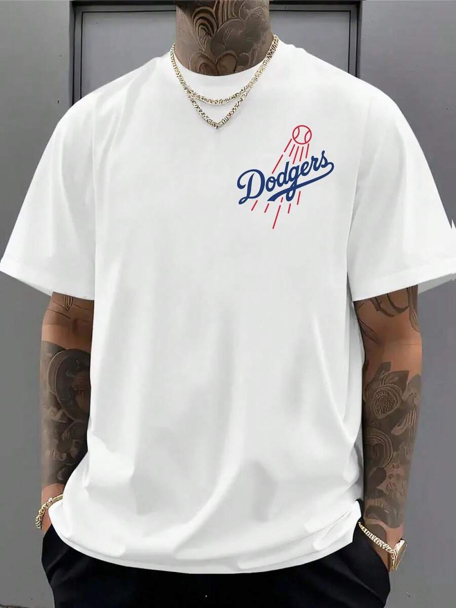 | Dodgers T-Shirt | High Five Hand Gesture | LA Letter Print | Must-Have Game Support T-Shirt For Baseball Fans | Breathable, Sweat-Wicking, And Cool, Perfect For Playing Baseball | Pure Cotton, Skin-Friendly, Digital Print, Baseball Style, Men's Casual T-Shirt, Sportswear Design, Urban Apparel, Men's Everyday Casual Top, Machine Washable - 白色 - 查看 1