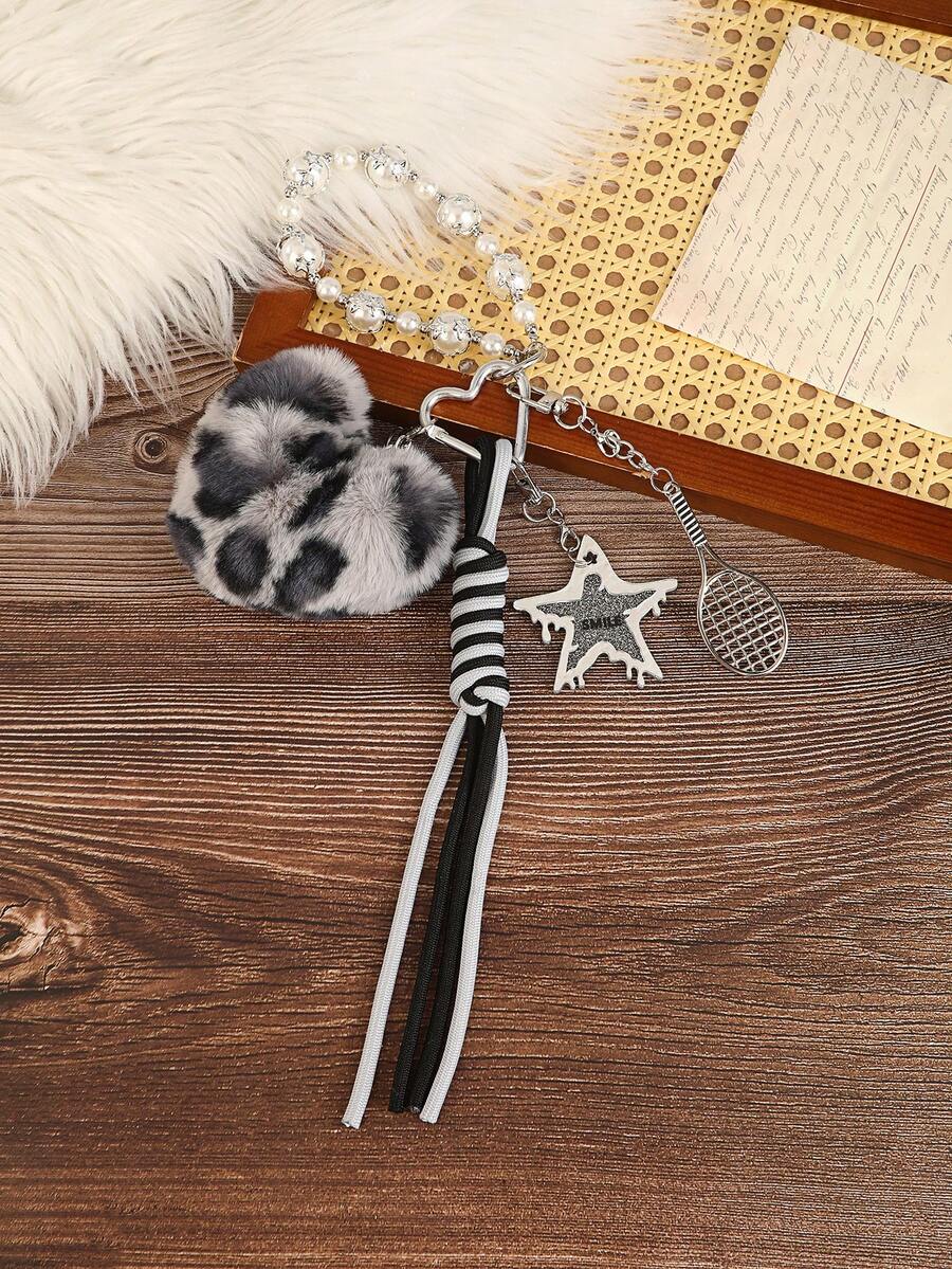 1pc Purple Black Silver Artificial Leather Pentagonal Star Shape Keychain Set Bag Pendant- Cute & Edgy Multi-Element Keychains With Beaded Bracelet, Butterfly, Tennis Racket,Phone Strap - Stylish Accessories For Women To Decorate Keys & Bags - 淺灰色 - 查看 1