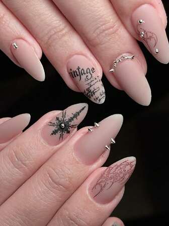 24pcs 3D Floral Pattern Matte Rhinestone Short Almond Shaped Gothic Style Fake Nails With Nail File And Nail Glue, Suitable For Women And Girls For Holidays, Parties, Events - Dark Pink Punk