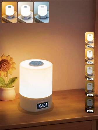 1 st nattlampa 3 i 1 ljusfärger rund med klocka batteriindikator pekskärm ljusfärger ändringsbar ljusstyrka dimbar typ-c 5v uppladdningsbar mini bordslampa för rum sängkant hotell vardagsrum