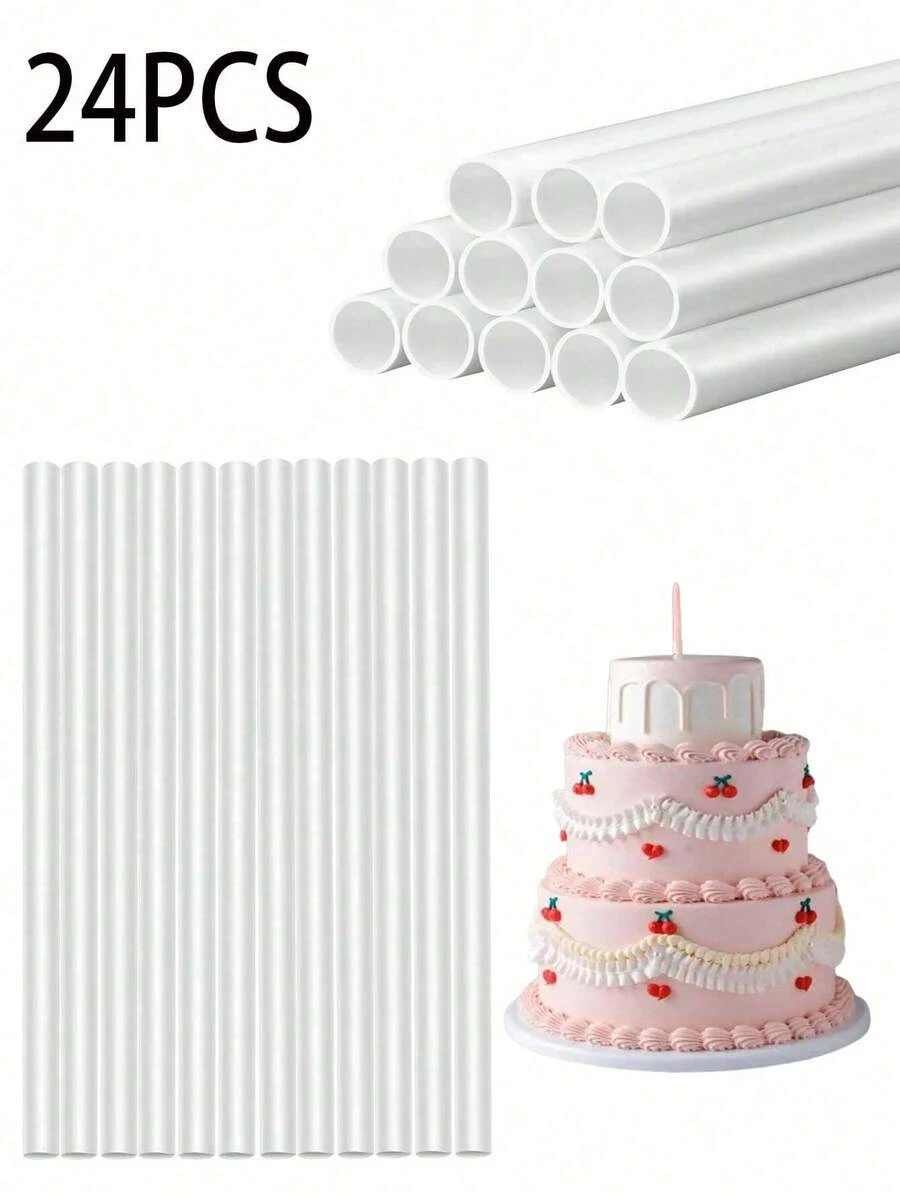 24 White Plastic Support Rods For Constructing And Stacking Tiered Cakes, 11.8 Inches Long, 0.47 Inches In Diameter; Silicone Molds