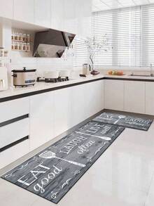 1 pezzo Zerbino serie blu, con lettere inglesi e motivi di utensili da cucina, bordo rettangolare floreale con stile vintage - tappeto per corridoio, semplice e liscio, stile caldo e rustico, tappetino in diatomite spesso circa 3 mm in morbida gomma, adatto per cucina, bagno, ingresso, lavanderia, studio, soggiorno, decorazione per casa e stanza