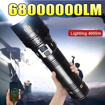68000000流明超亮便携式LED手电筒，4种模式，智能快充，远射程，可变焦，适用于露营、钓鱼等户外活动，智能数字显示，停电备用，探险和骑行。