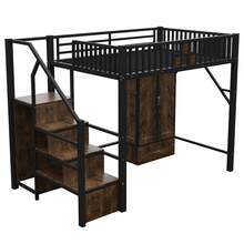 Metal Loft Bed 140 * 200 Cm With A Striking Railing Design Made Of Wood And Metal Mesh, Complete With Large Wardrobe, Drawers And Storage Ladder, Black - Black - View 9