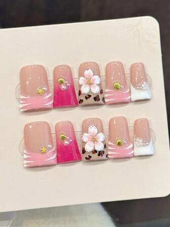 10 Pcs Luxury Handmade Press On Nails Short Duck False Nails Brilliant Truth With 3 PiecesTool Adhesive Nail Glue Tabs Suitable For Girls And Ladies To Attend Parties.