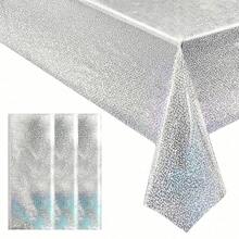 1/3 قطعة من أغطية الطاولة الهولوغرافية الفضية اللامعة بتأثير الليزر والألوان المتغيرة 137*243 سم، أغطية طاولة بلاستيكية بيضاء لديكور حفلات عيد الميلاد والزفاف والكريسماس وحفلات التخرج
