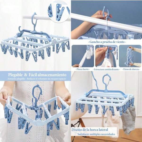 32 Clips y Colgador de Goteo, Colgante Lateral Portátil, Colgante de Plástico Plegable para Colgar, para Colgar, Ropa Interior, Toallas, Ropa de, Calcetines ()(Azul)