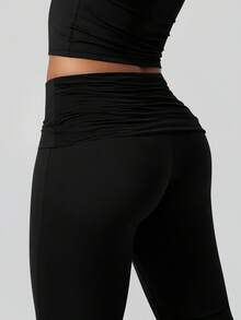 NcmRyu 1 Set Women's Slim Fit Round Neck Fold Waist Long Sleeve Top And Long Pants Activewear Set - Black - View 10