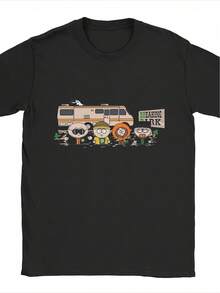 Men's South Parks Breaking Park Graphic T-Shirt - Black RV Camper Van & TV Show Characters (Stan, Kyle, Cartman, Kenny, Butters) - Soft Crew Neck Casual Tee For Fans, Collectible Gift, Pop Culture Apparel, Hip Hop Style, Urban Fashion, Machine Washable, Iconic TV Show Design, Perfect For Outdoor Activities & Casual Attire, Iconic RV Camper Van With South Parks Logo - Black - View 1