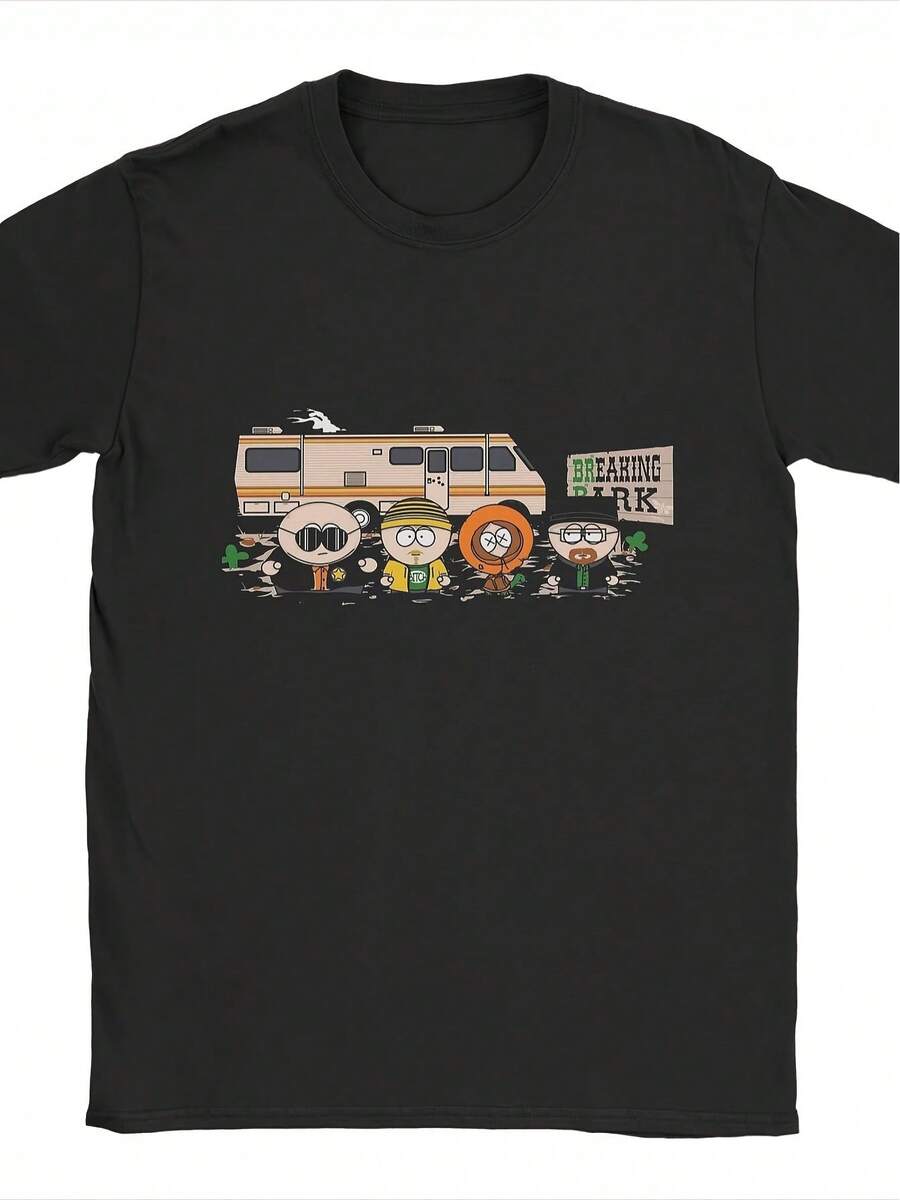 Men's South Parks Breaking Park Graphic T-Shirt - Black RV Camper Van & TV Show Characters (Stan, Kyle, Cartman, Kenny, Butters) - Soft Crew Neck Casual Tee For Fans, Collectible Gift, Pop Culture Apparel, Hip Hop Style, Urban Fashion, Machine Washable, Iconic TV Show Design, Perfect For Outdoor Activities & Casual Attire, Iconic RV Camper Van With South Parks Logo - Black - View 1