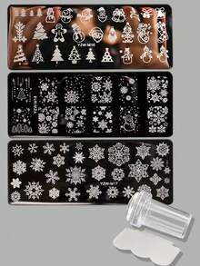 4pcs Set Nail Art Stamping Plates And Scrapers, Christmas Snowflake Snowman Christmas Tree, DIY Printing Template Nail Polish Transfer Tools - Multicolor - View 9