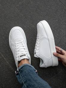 男士极简纯白拼接字母低帮系带运动鞋，户外休闲百搭日常通勤舒适休闲鞋 - 白色 - 查看 8