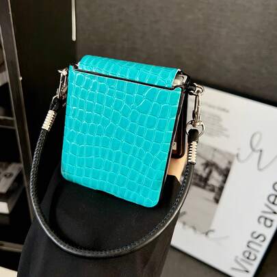 高級クラシッククロコダイルテクスチャブルースマホケース、本革ストラップ付き、Samsung Galaxy Z Flip 7、Z Flip 6、Z Flip 5、Z、耐衝撃バックカバーに対応