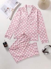 2 件套女士随机格子和心形印花时尚舒适翻领开衫长袖裤睡衣套装，春秋轻便 - 粉色 - 查看 7