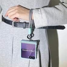 Korean Style Sky Blue Phone Case With Black & White Striped Wrist Strap, Compatible With Samsung Galaxy ZFlip7, Z Flip6, ZFlip 5, Shock-Resistant Back Cover - 天藍 - 查看 4